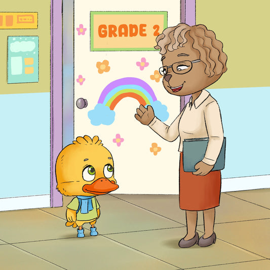 Illustration of kids celebrating their transition to second grade in Goodbye First Grade, Hello Second Grade – an inspiring children’s book